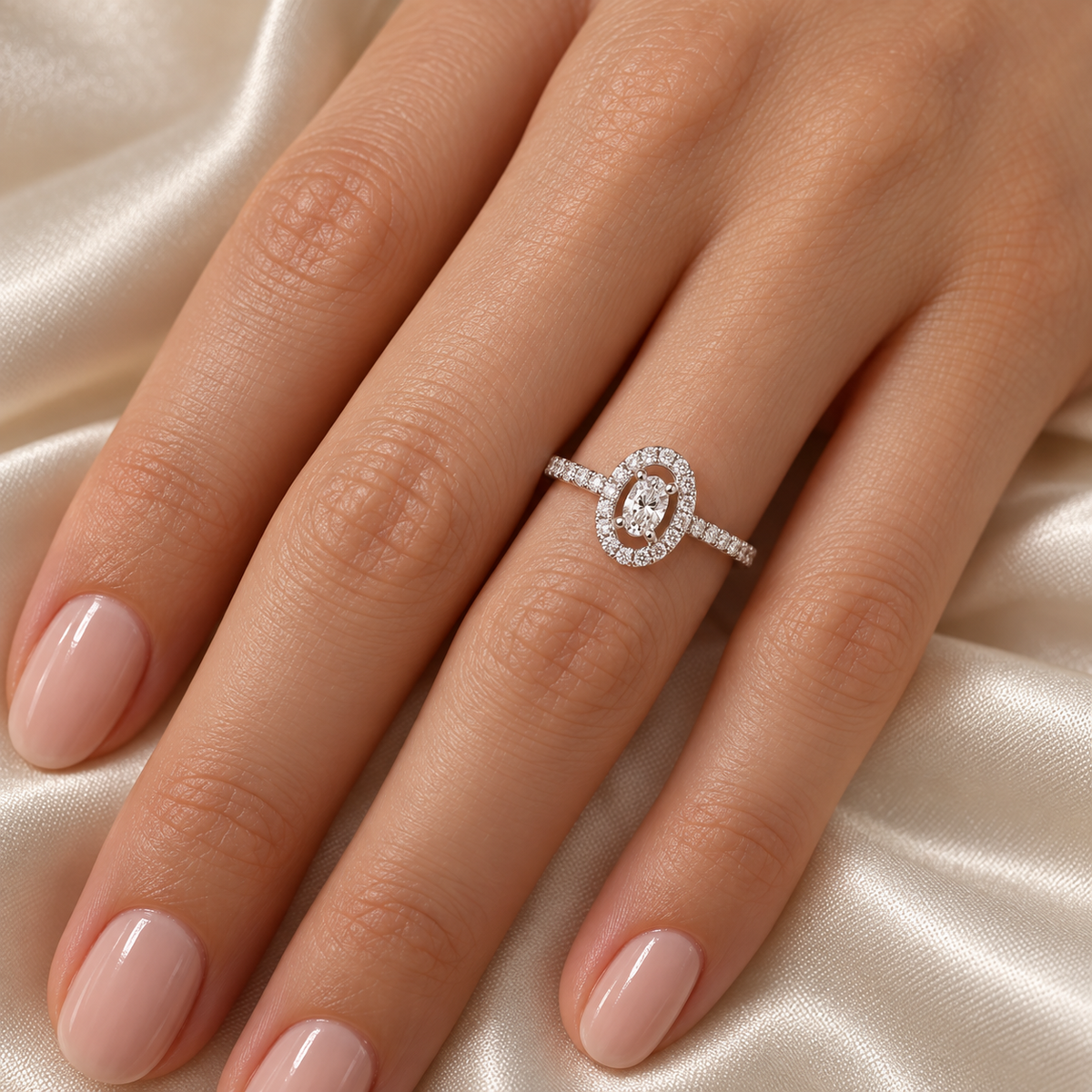 0,38 Karat Lab Pırlanta Oval Halo Tektaş Yüzük - elde