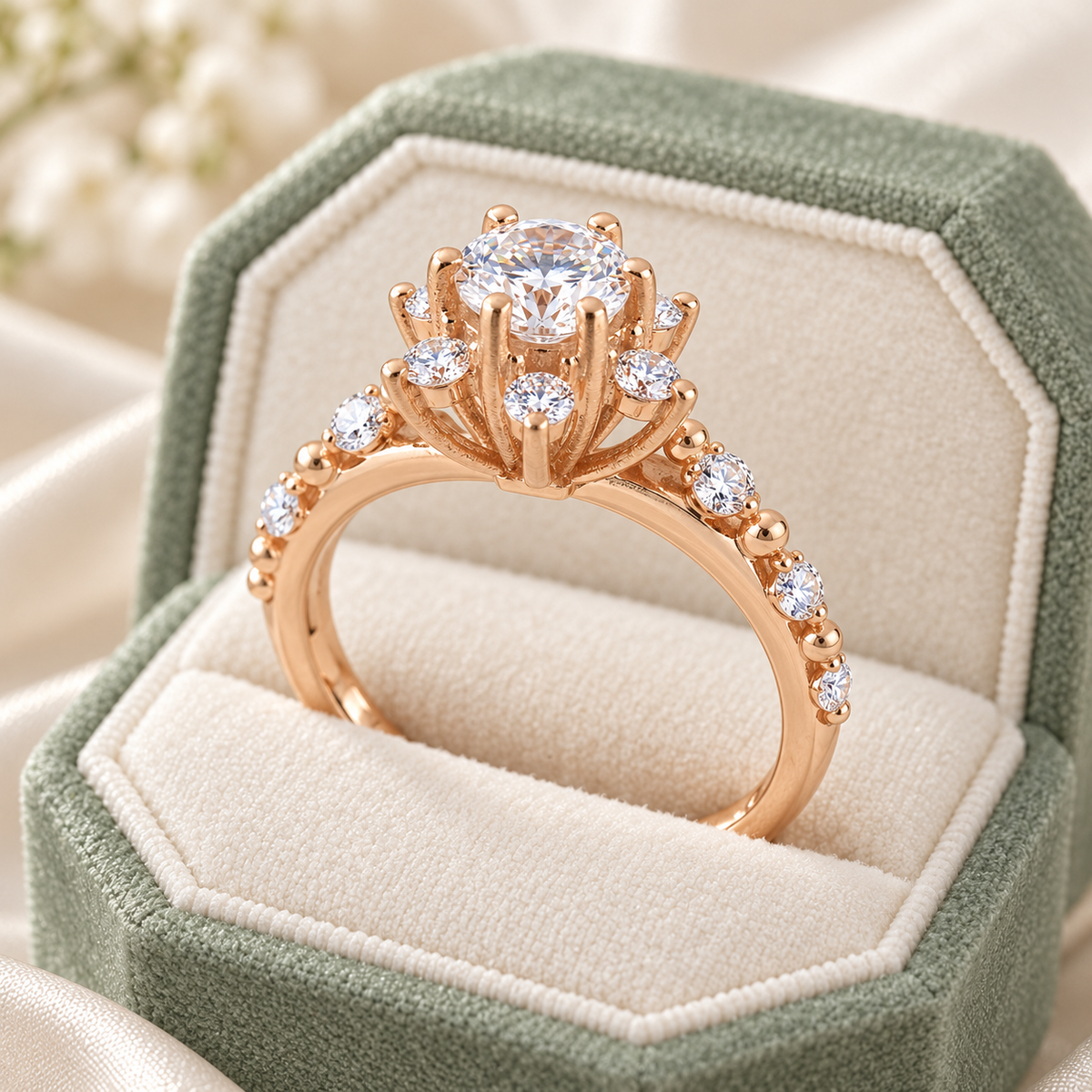 0,60 Karat Lab Pırlanta Oval Lotus Vintage Yüzük - kutuda
