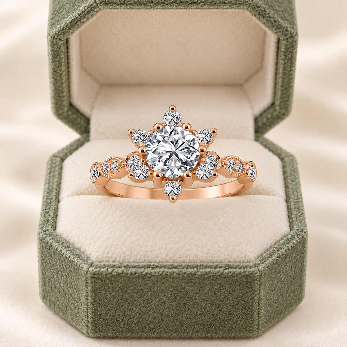 1,35 Karat Lab Pırlanta Lotus Vintage Tektaş Yüzük - kutuda